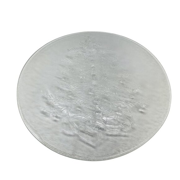 Clear Glass Embossed Christmas Tree Round Holiday Serving Platter 13 Inch Plate - Picture 2 of 5